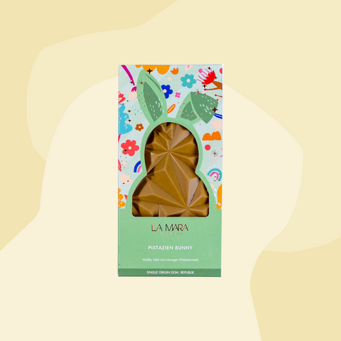 La Mara Schokolade vegan Ostern  Erdbeer Tonka Osterhase Pistazie Feinkost Online Shop Feinkostladen Köln glutenfrei