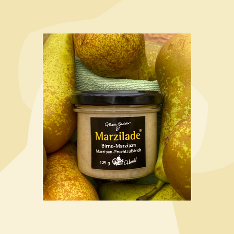 Marzilade Fruchtaufstrich Birne-Marzipan Feinkost Delikatessen Spezialitäten Online Shop Feinkostladen Köln Gourmet nachhaltig Lebensmittel Geschenke